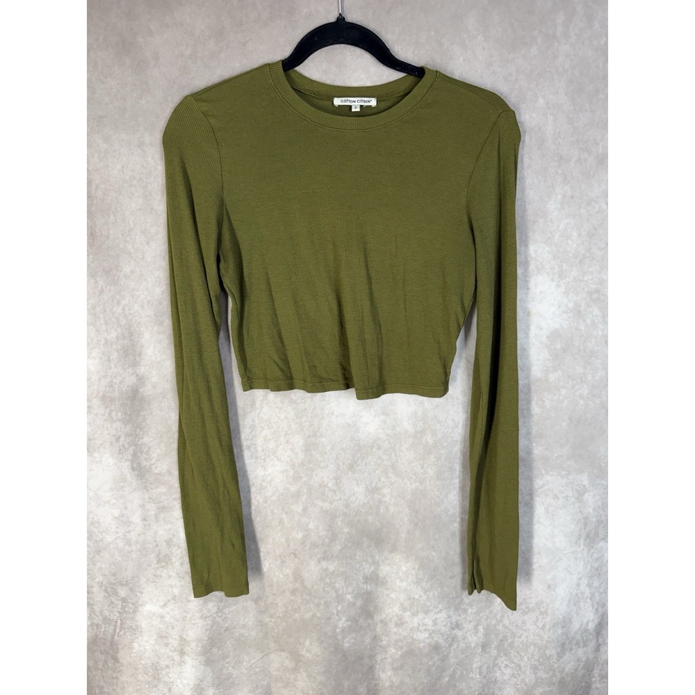 Cotton Citizen Ribbed Crop Top Long Sleeve Crew Neck Tee In Olive Green Size S